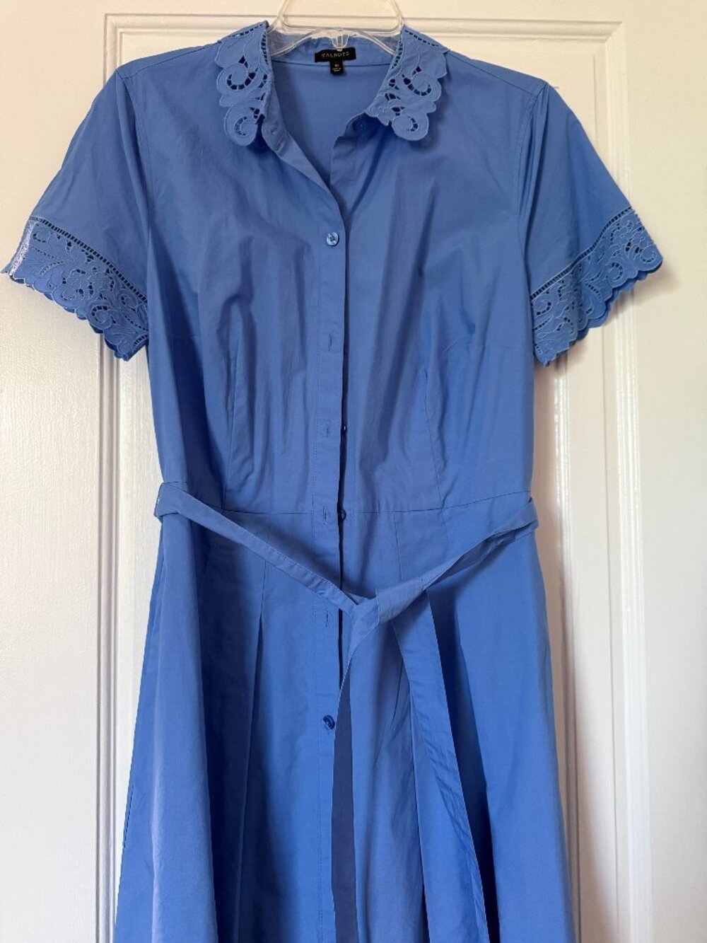 Talbots Blue Button Down Short Sleeve Shirt Retro Dress Cotton Lace Collar